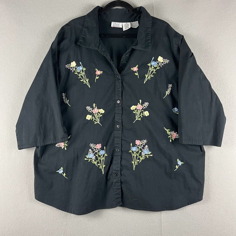 Only‎ Necessities Embroidered Top Womens 4X Black Floral Button Front 3/4 Sleeve